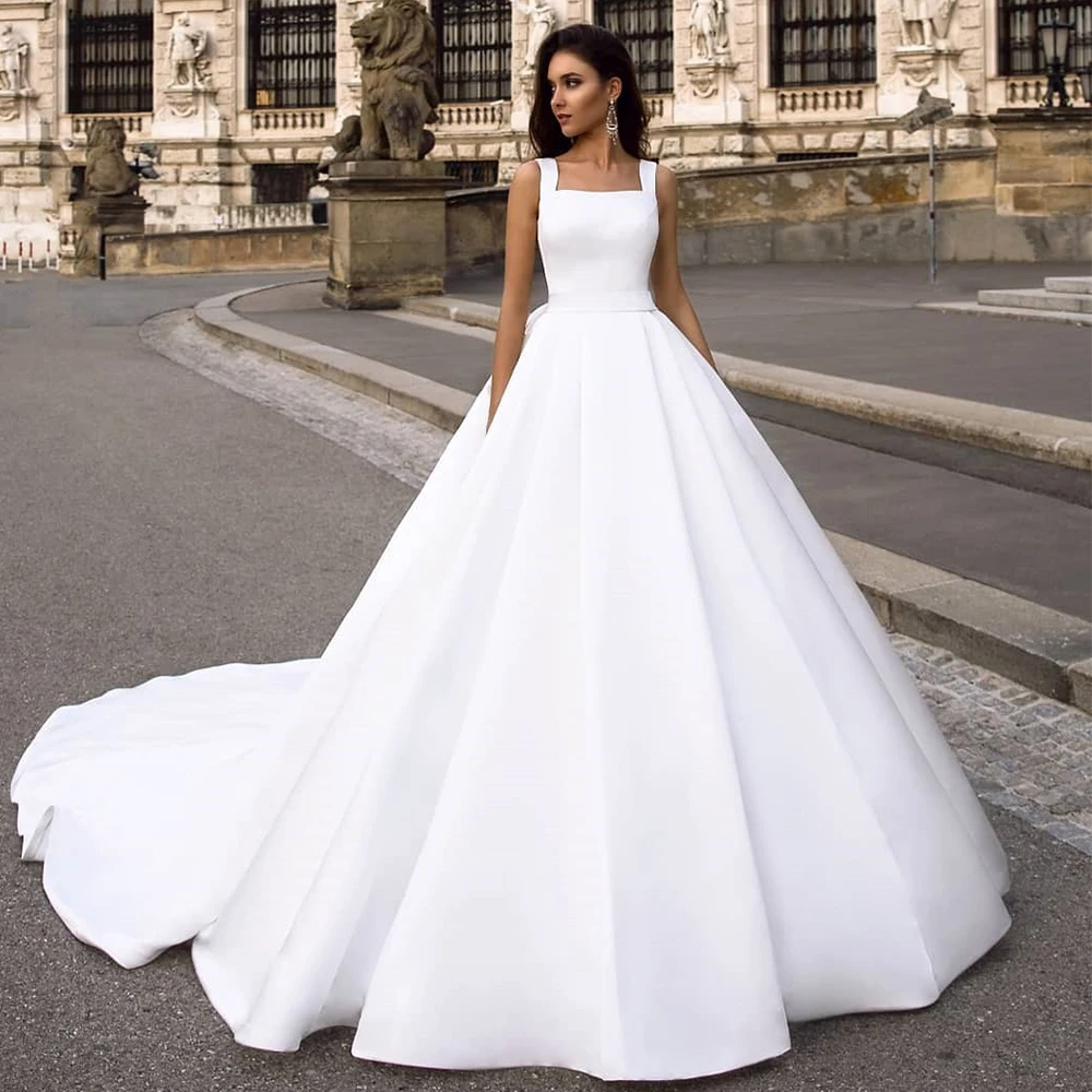 

Simple Square Collar Sweep Train Wedding Dress Sleeveless with Belt and Bow A-Line Illusion Lace Back Bridal Pocket Gowns