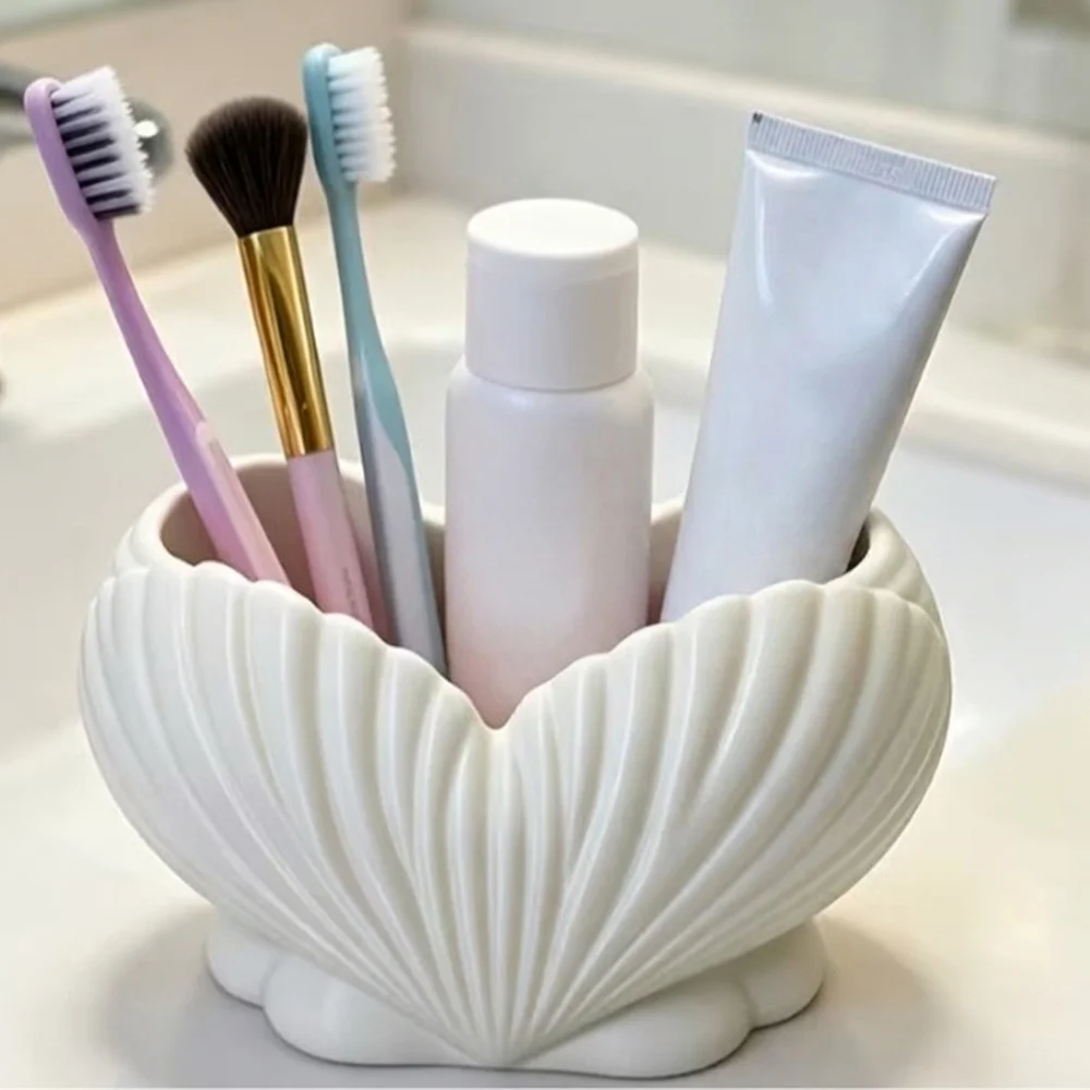 3D Printed Shell Shape Toothpaste Toothbrush Holder Coastal Style Aesthetic Makeup Brush Stand Plastic Stable Base