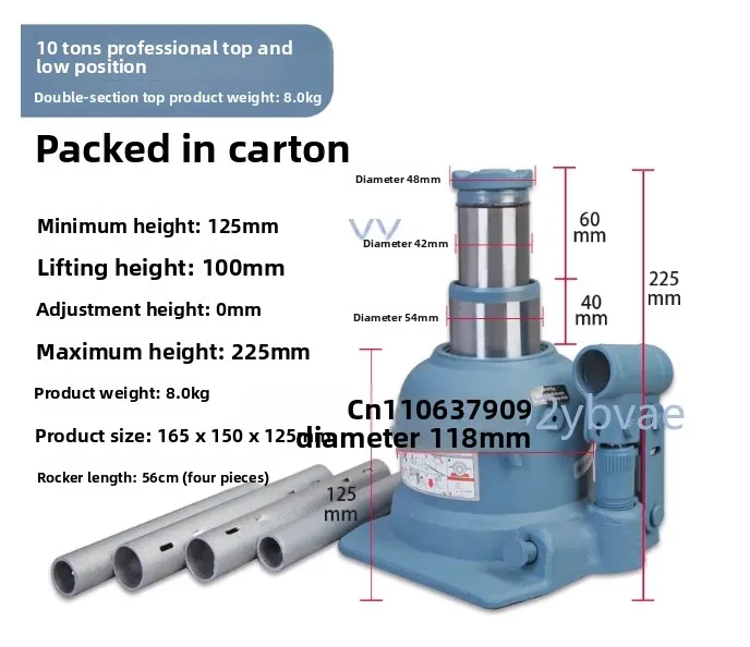 Low-profile hydraulic jack for forklifts, cars and trucks, with a capacity of 10 tons.