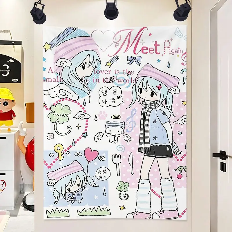 VIKAMA Kawaii Pastel Chibi Girl Tapestry Cute Winter Snow Anime Wall Hanging Soft Aesthetic Manga Poster for Bedroom Dorm