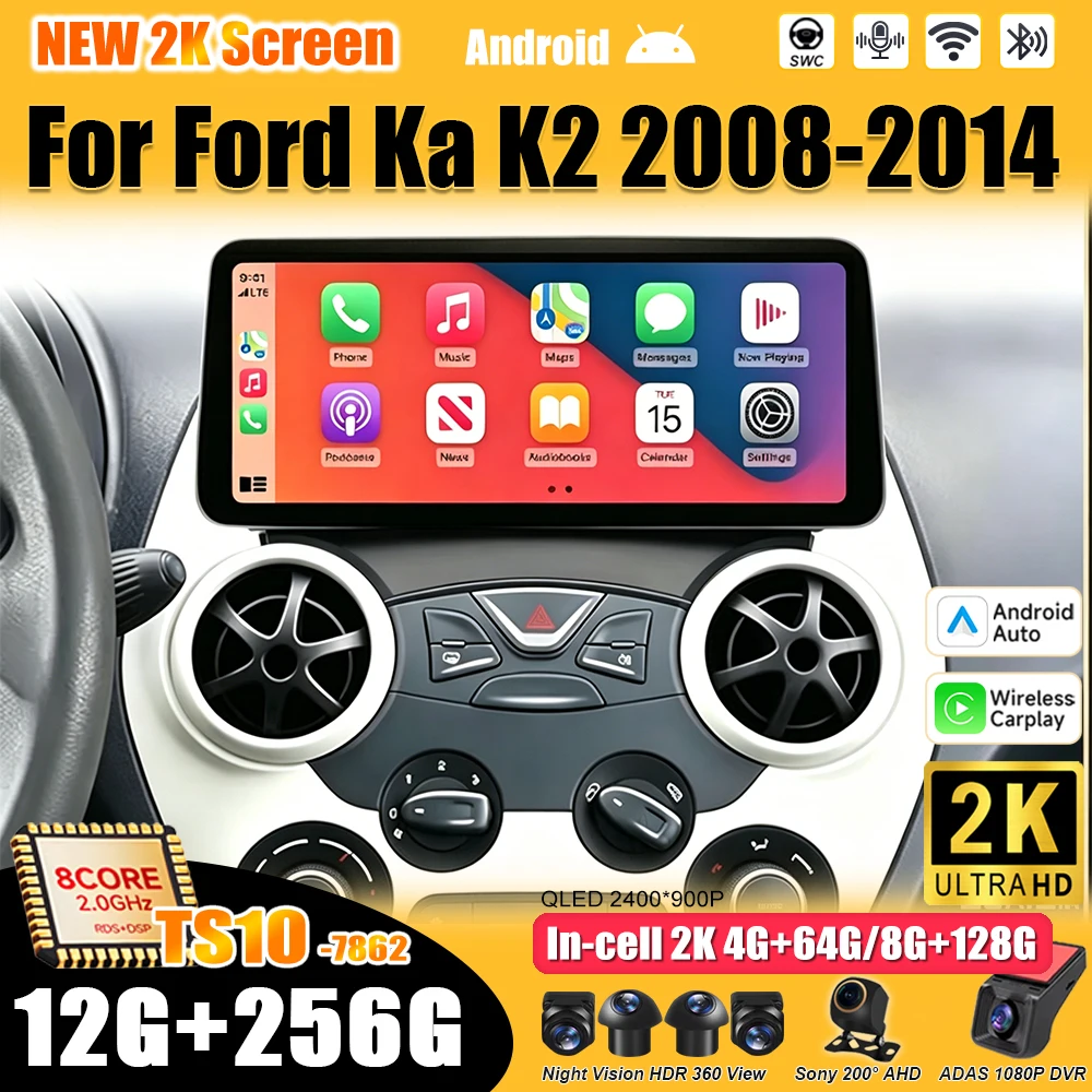 Android 16 For Ford Ka K2 2008 - 2014 Car Radio Stereo Head Unit Multimedia Video Player GPS Navigation 2K QLED 12.3 Inch RDS 5G