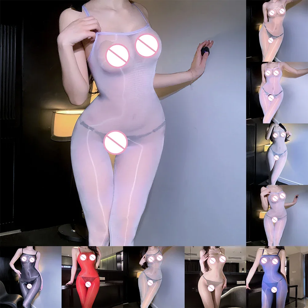 

Women Sexy Lingerie Shiny See Through Stockings Thin Sleeveless Open Crotch Bodysuit Sleeveless Bodycon