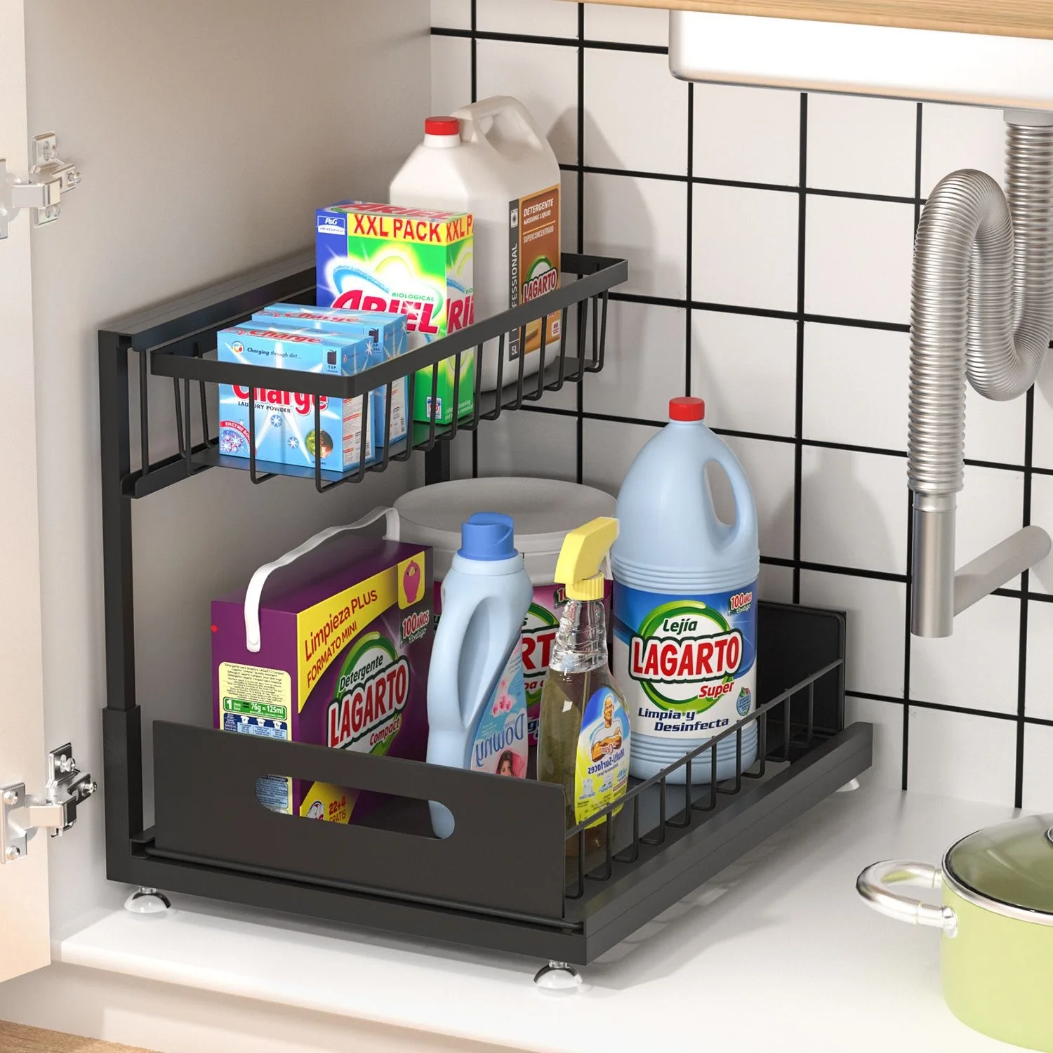 

2 Tier Pull Out Under Sink Storage Rack, Slide Out Kitchen Cabinet Organizer Pipe Avoid Design for Cleaning Supplies Storage