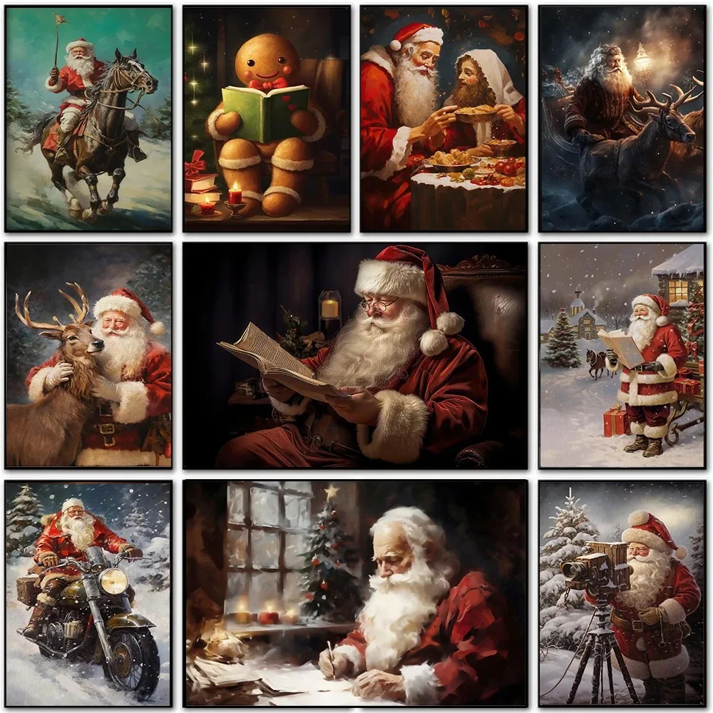 Vintage Winter Weihnachten Santa Claus Reiten Motorrad Lebkuchen Kunst Leinwand Malerei Wand Poster Drucken Schlafzimmer Kinder Geschenk De