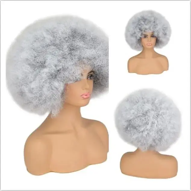 Wig keriting Kinky Afro dengan poni untuk wanita, Wig bulu halus pendek anggur sintetis Afrika pesta untuk Cosplay dansa pesta