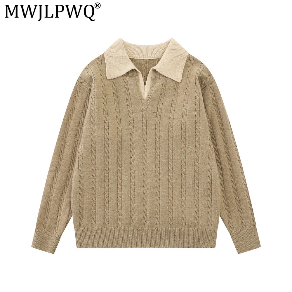 MWJLPWQ Knit Lapel Sweater For Men Loose Fit Spring Autumn Trendy American Vibe Faux Two-Piece Pullover Polo Collar Tops 21041