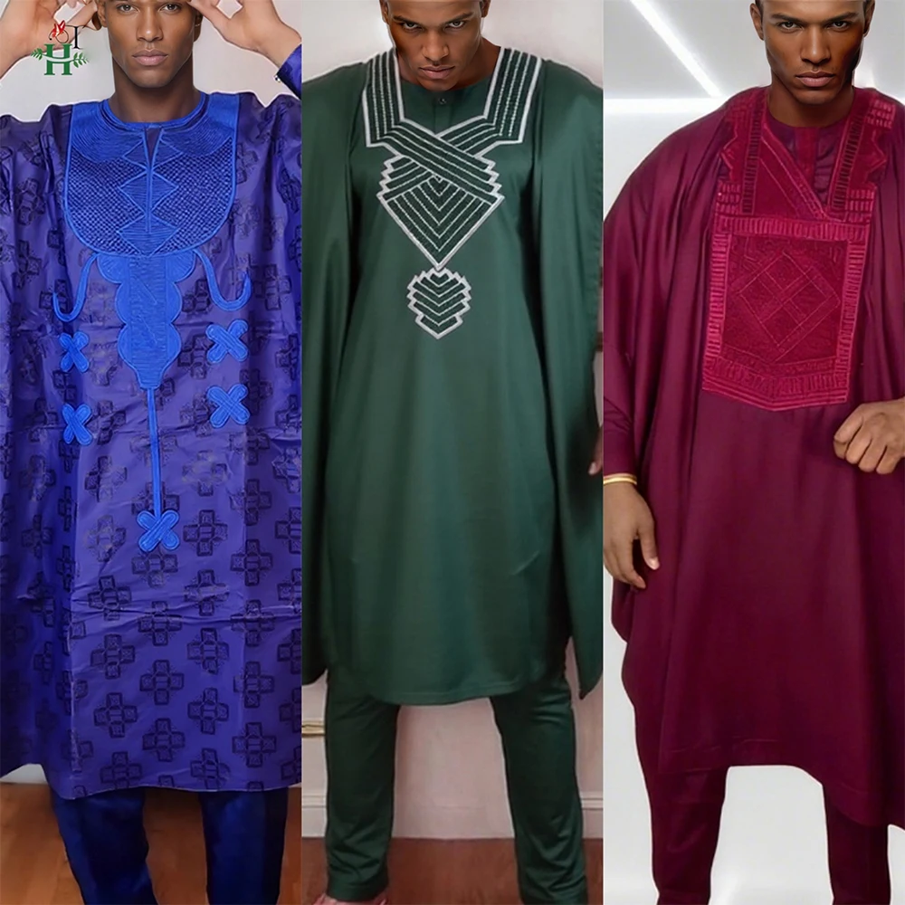 

H&D African Clothing Traditional 3PCS Outfit For Man Bazin Riche Agbada Embroidery Wedding Party Plus Size Muslim Men Clothing