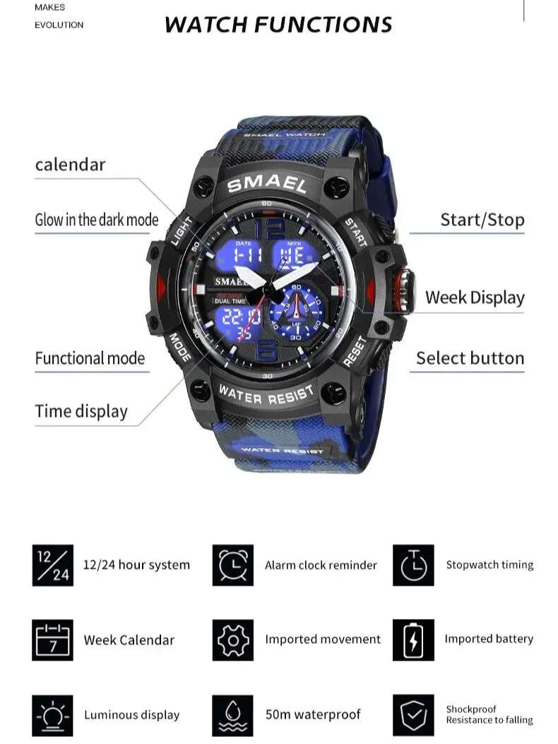 SMALE Military Quartz Sport Watch Alarm Clock Shock Resistant 50M Waterproof 8007 Mens Watches Digital