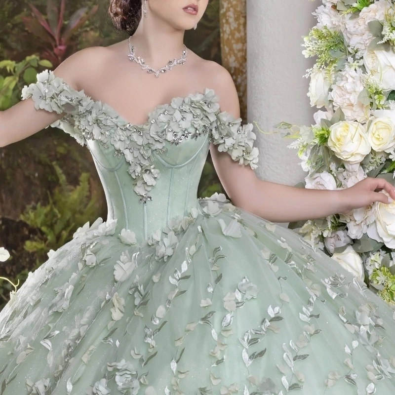 Luxury Sweetheart Light Green Quinceanera 2024 Ball Gown Applique Lace Beads Tull Sweep Train Prom Dress Vestidos De 15 Años