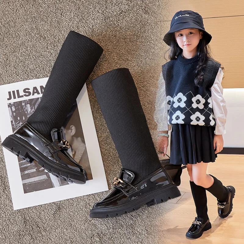 2023 New Winter Korean Over-the-knee Boot for Girls with Metal Chain Sock Boots Kids Fashion Solid Glossy Chic Girls Soft Boots