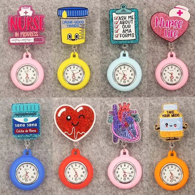 Reloj retráctil para enfermera, reloj colgante para Doctor, estudiante, bolsillo para el pecho, enfermera médica de dibujos animados