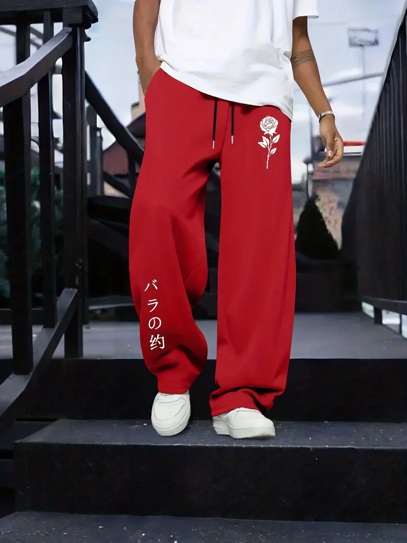 

Men's Versatile and Exquisite Rose Pattern Printed Drawstring Spring and Autumn Outdoor Home Loose Casual Sports Trousers