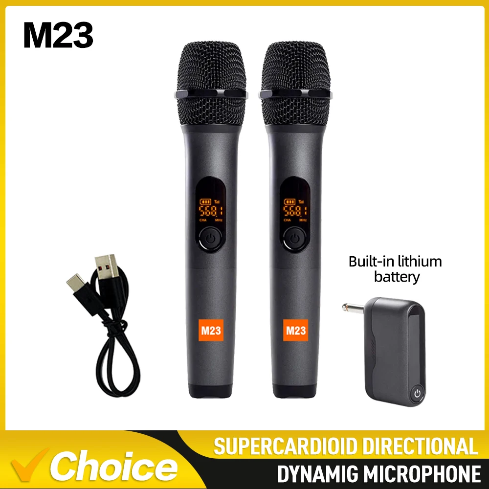 M23 UHF 2 Channel Wireless Microphone System with Rechargeable Receiver Cordless Handheld Mic for Karaoke Church Party DJ