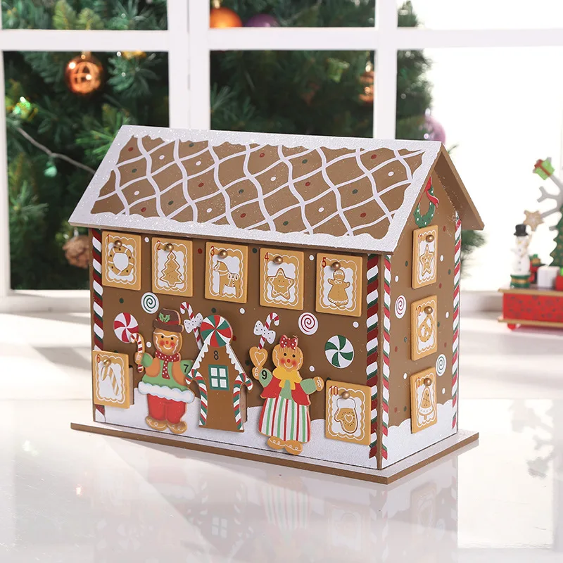 Christmas Decoration Countdown Calendar Ornaments Wooden Gingerbread House Calendar Cabinet Desktop Candy Box Drawer Gift