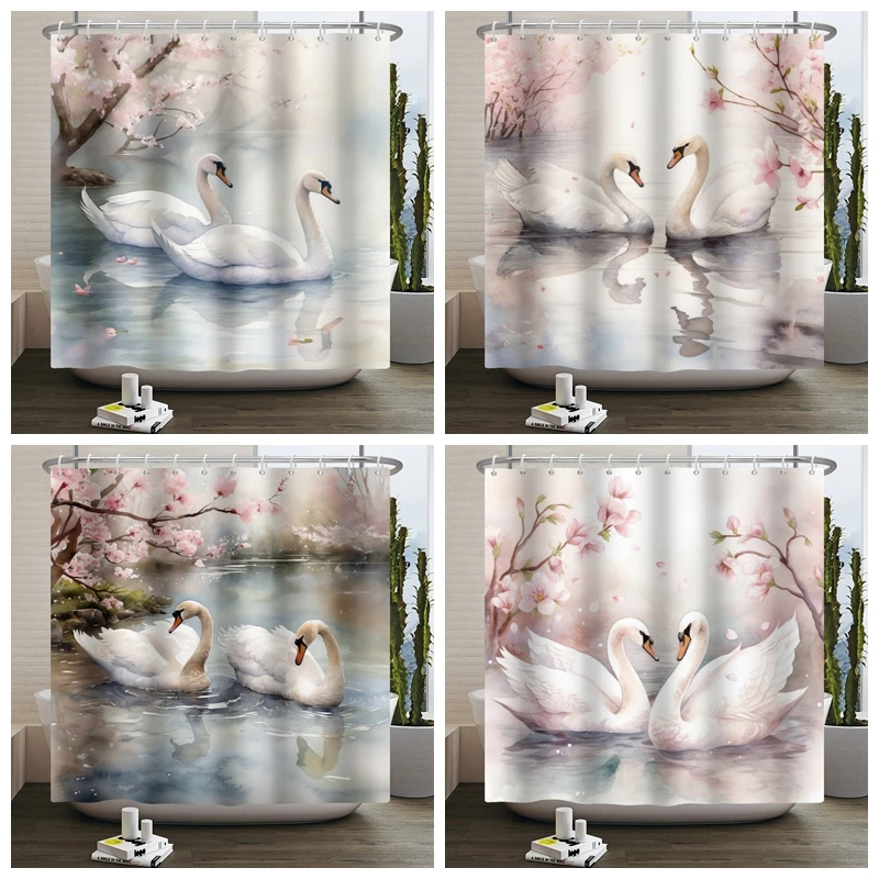 

Swan Shower Curtain White Swan Couple Pink Floral Romance Grace Tenderness Purity Love Animal Bathroom Decor with Hooks 180x200