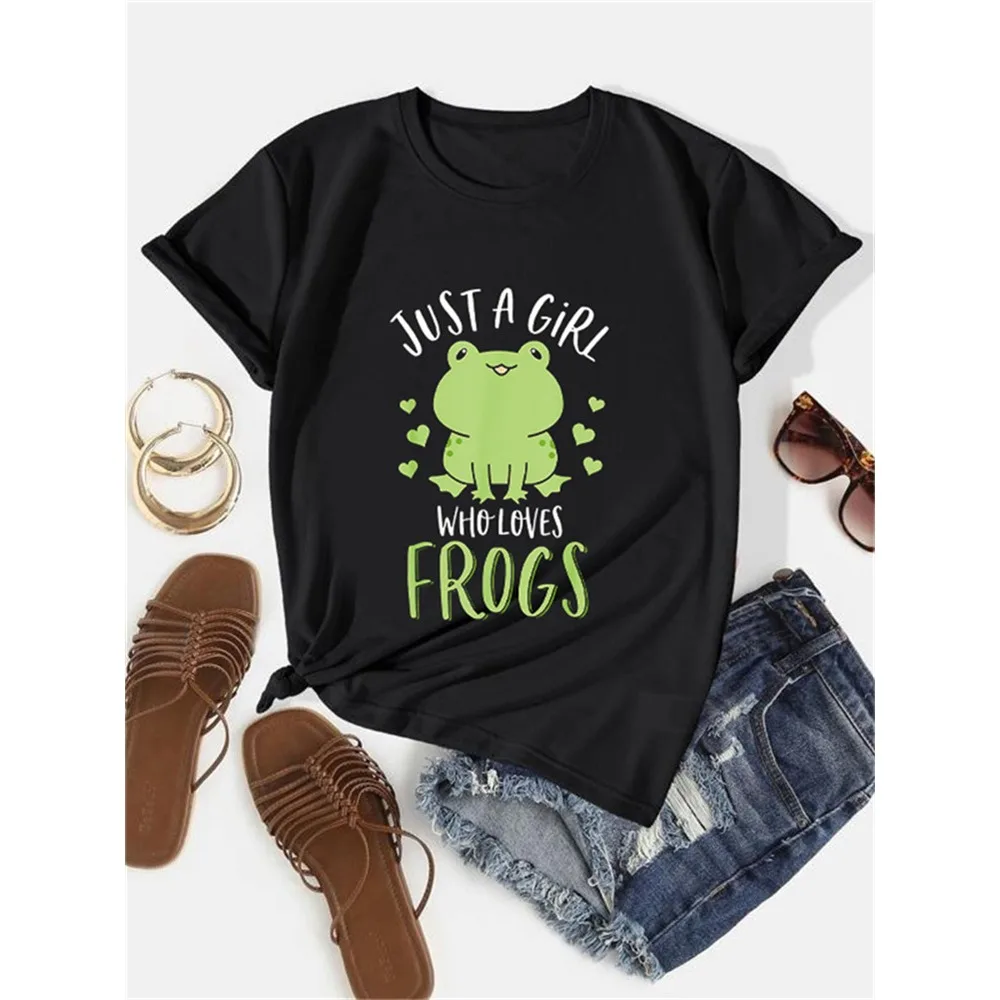 

2025 New Summer Fashion Just A Girl Who Loves Frog Shirt Cute Frog Shirt Fun Frog Lover Women's Round Neck T-shirt Top Cotton