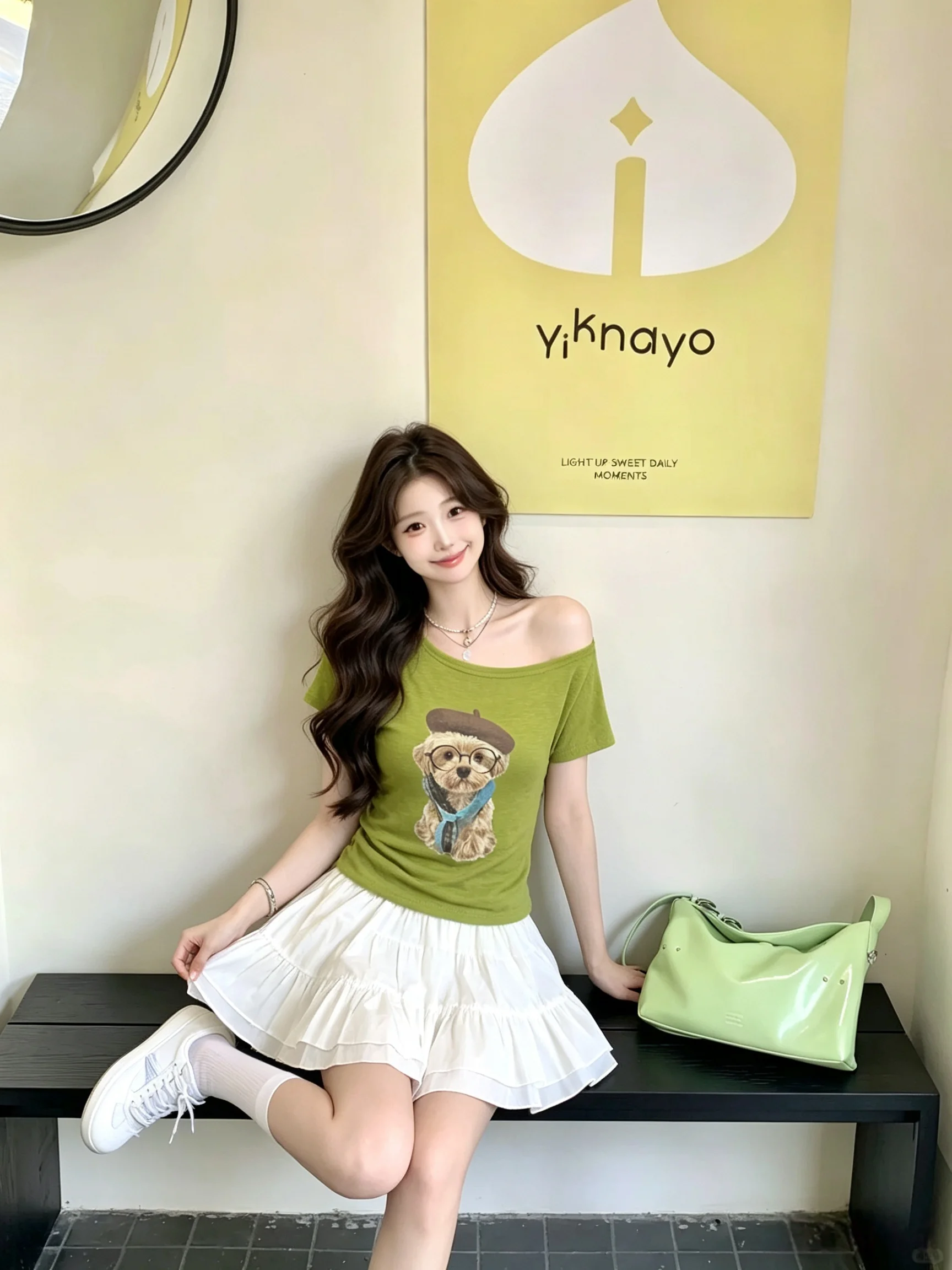 2026 New Women Green Print Off Shoulder Short Sleeve T Shirt Summer Short Cropped Tops Fashion Unique Slim Tees For Petite Ladie