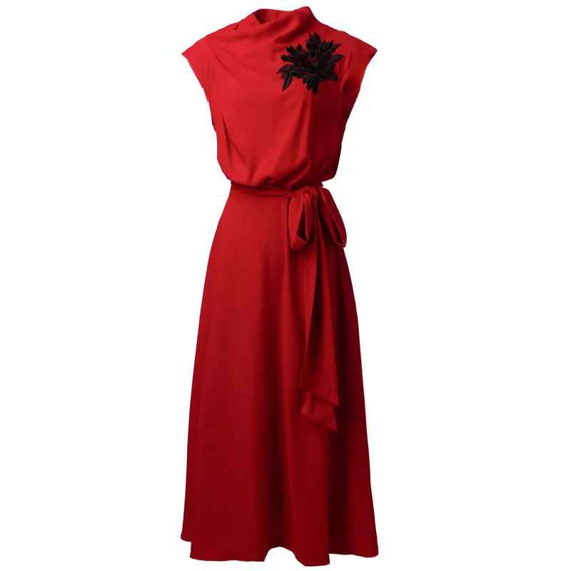 

Meyyithun Women's Dress Red Embroidered Loose Elegant Sleeveless Dress Lady Dress