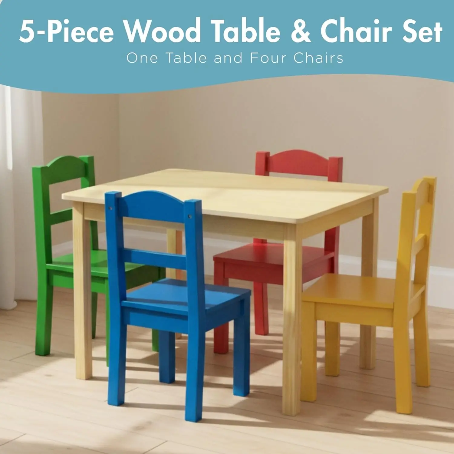 Kids Wooden Table and 4 Chairs Set for Toddlers, Natural/Primary - Sturdy Activity Table for Arts, Crafts, Snack Time