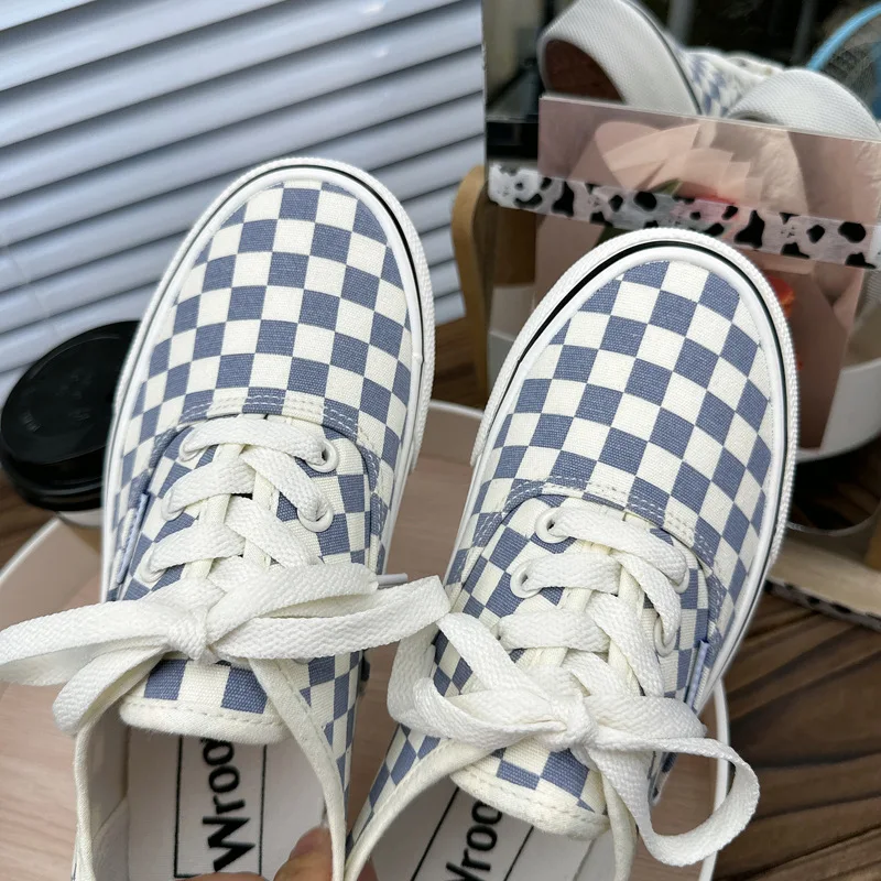 Flat Women Blue Checkered Canvas Sneakers Lace Up Girls Rainbow Canvas Shoes Students School Basic Plaid Casual Shoes 35-40