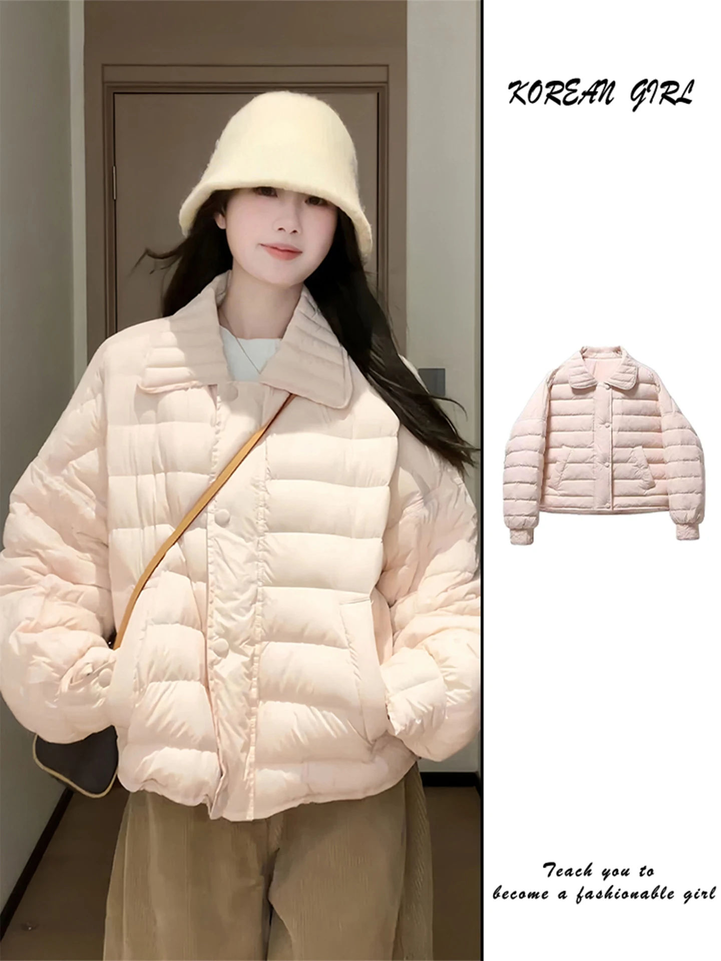 

Sweet Soft Pink Collar down Cotton Jaet ort Women's Winter Thi Warm Loose Cotton Coat Korean Sle Long Sve Zipper