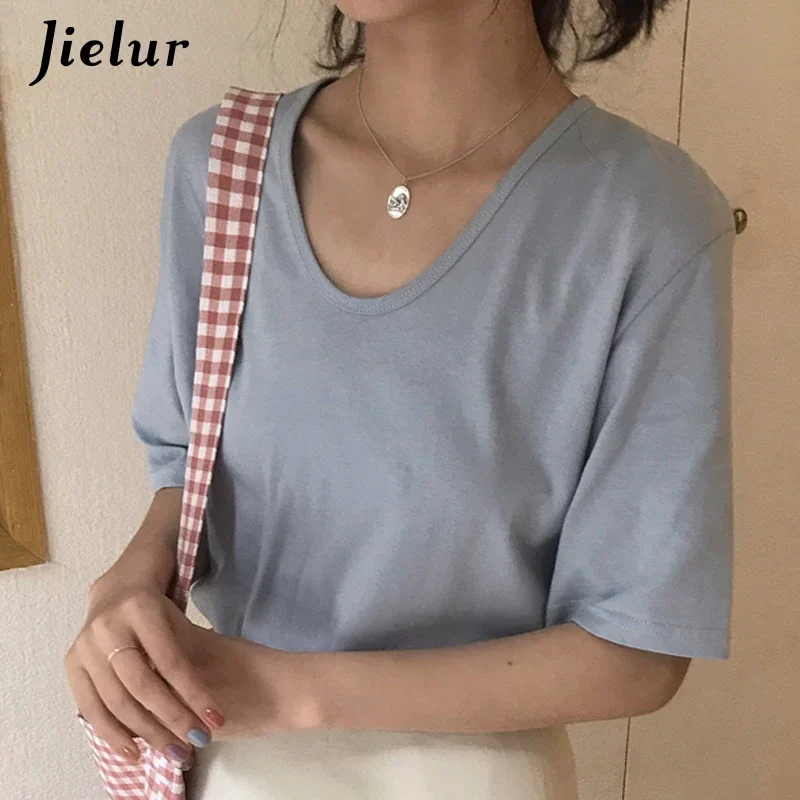 Jielur Summer Short Sleeve T-shirt Women Solid Color 2022 New V-neck Tshirt Femme Basic 8 Colors Tee Shirt Fashion Harajuku