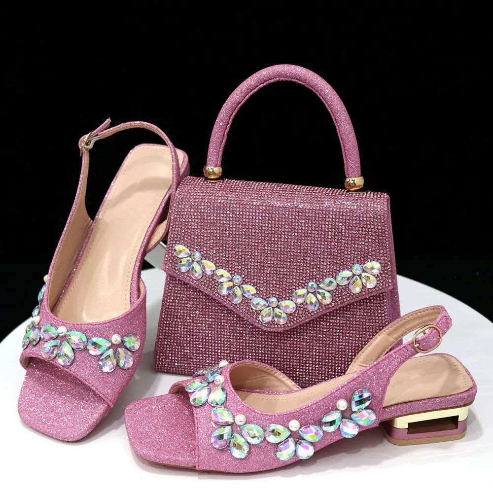 

Hot Sale Nigerian Ladies's Pink Color Shoes And Bag Set Summer Elegant Peep Toe Shoes And Bag To Match Set For Eevning Party