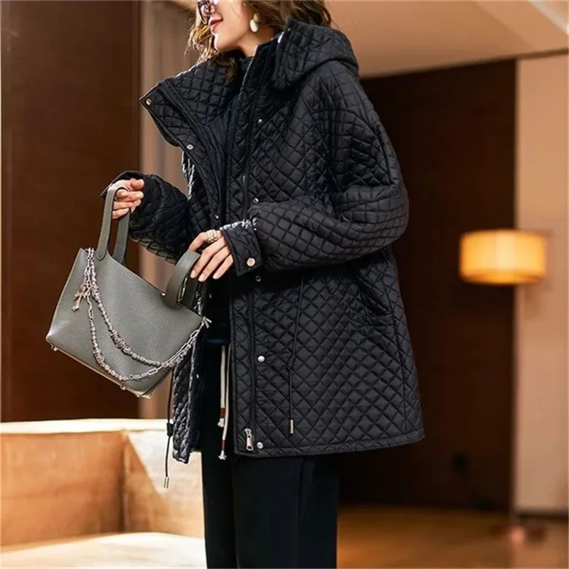 2024 Spring Autumn European Station Mid Length Loose Hooded Padded Coat Women New Korean Rhombic Thin Black Cotton-padded Jacket