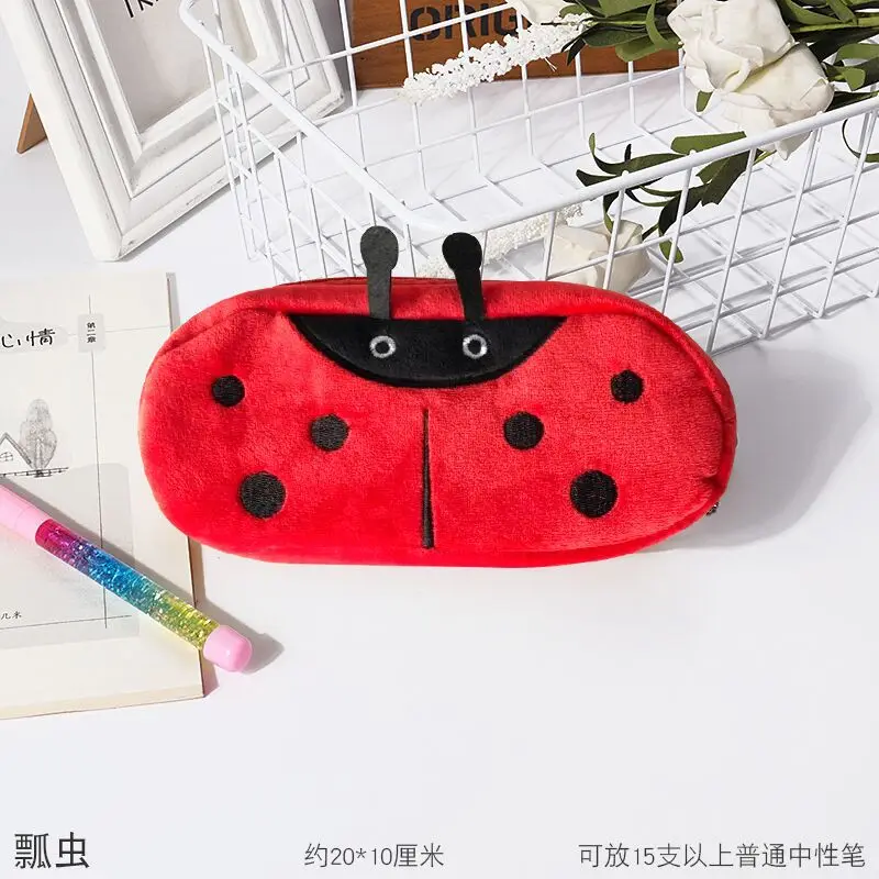 Cartoon Animal Fruit Plush Cute Children\'s Pencil Stationery Large Capacity Fabric Zipper Storage Pen Bag Embroidery Zero Wallet