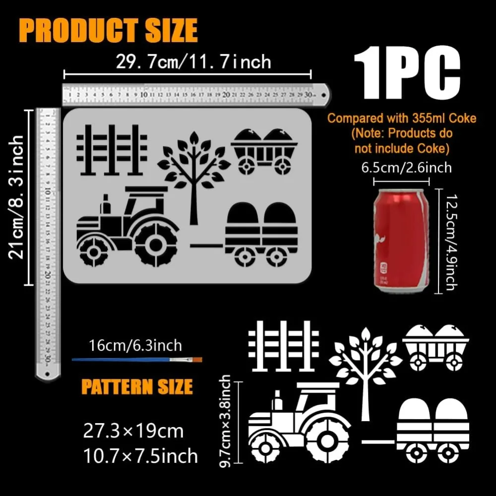 Transportation Stencil with a Paint Brush 11.7x8.3Inch Reusable Tractors Minivans Stencil PET Trees Fences Decoration