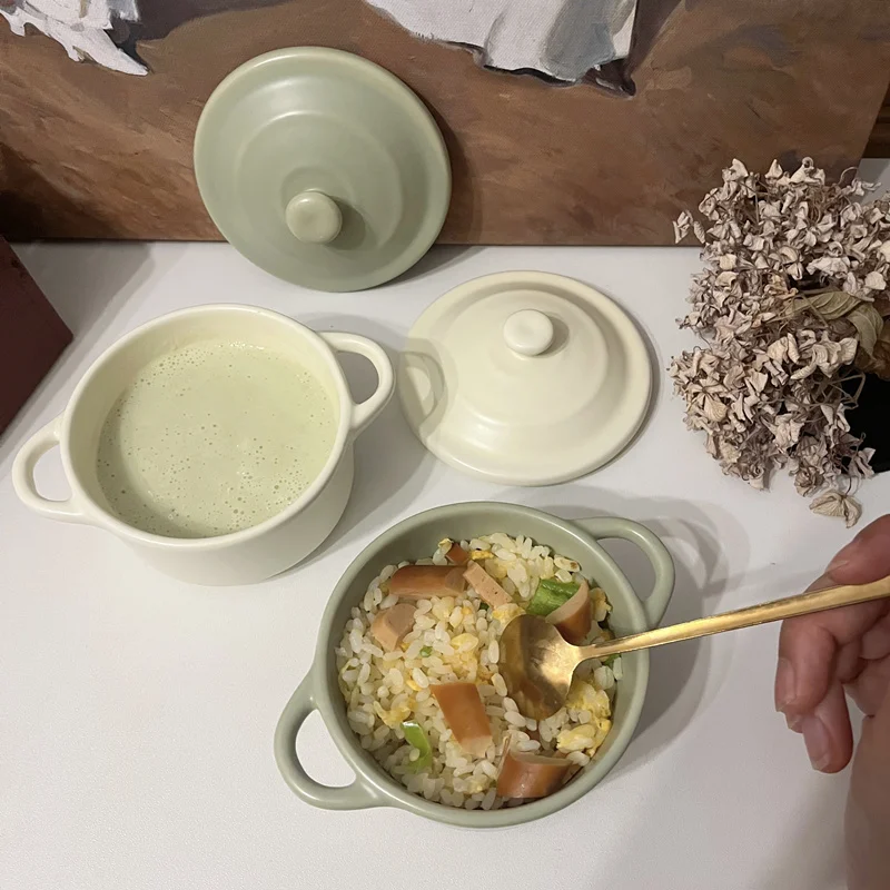 

Керамическая маленькая миска 220 мл, с крышкой и двумя ручками, подходит для микроволновой печи, фритюрницы и духовки.