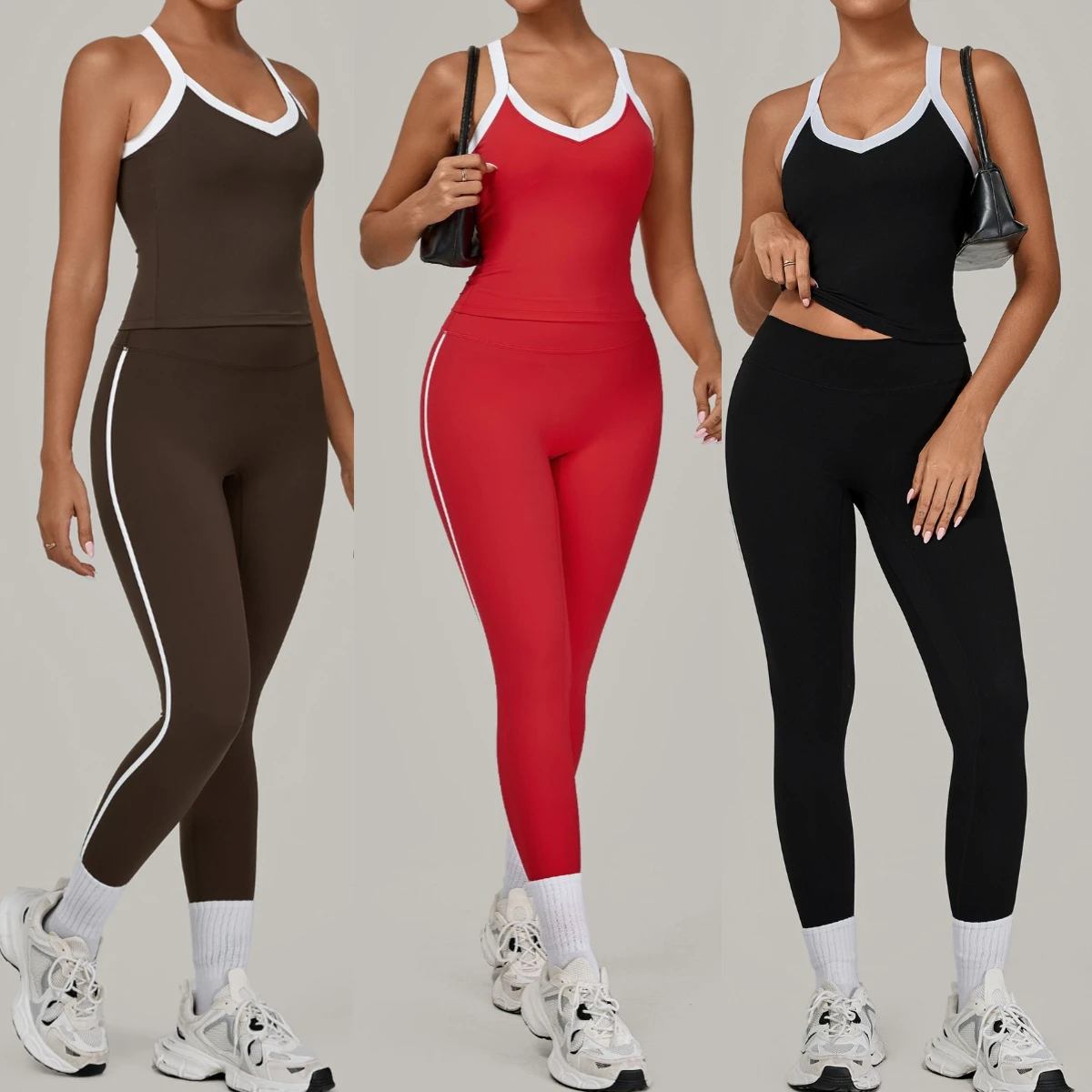 

Autumn Yoga Outfit for Women V Neck Sports Tank Top Sets with Chest Pad Workout Leggings Sports Tracksuit Jogging Tights