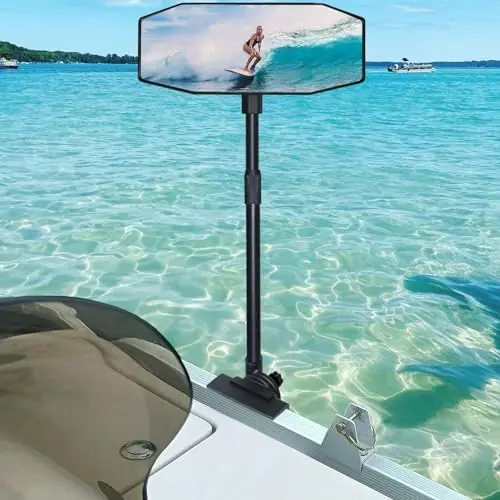 

360° Adjustable Pontoon Boat Mirror - Extra Large 4.7" x 12.2" Clamp-On Rear View for Water Skiing & Marine Use
