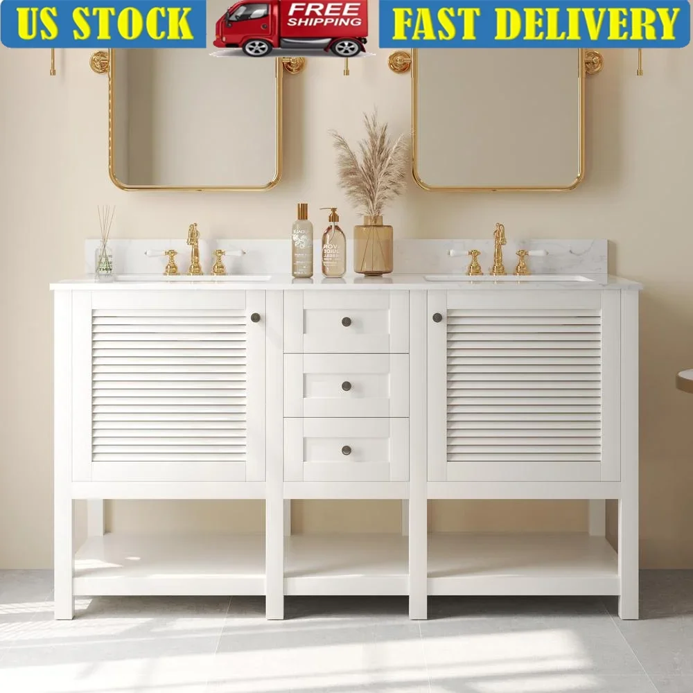 60 Inch Bathroom Vanity Double Sink Preassembled Wood Cabinet Storage Soft Close Backsplash Overflow Drain Modern Bathroom