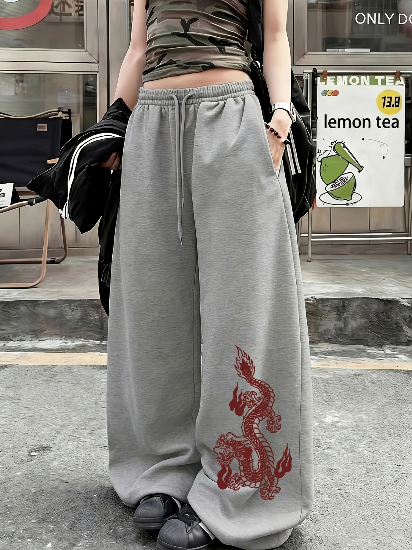 Women's Red Dragon Print Fleece Sweatpants for Autumn and Winter Warm Casual Loose Stylish and Versatile Streetwear Trendy