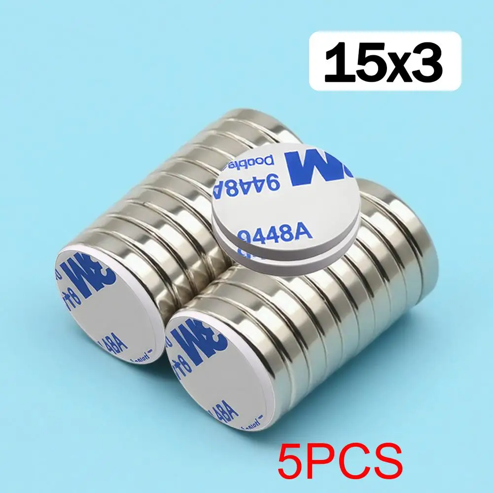 15 x 3 mm superstarker runder Neodym-Magnet mit doppelseitigem Klebeband. Magnet N35, stark, permanent magnetisch