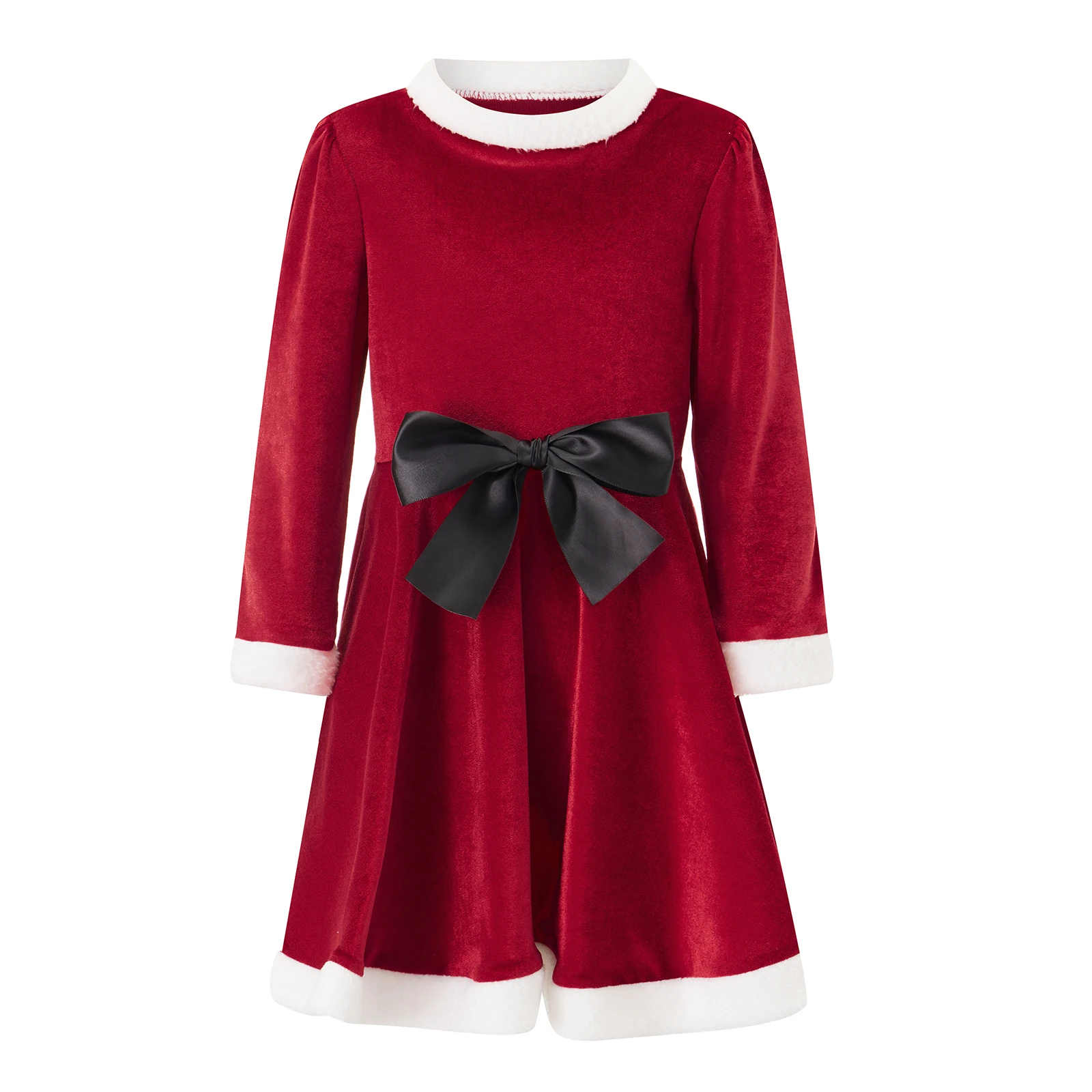 Girls Christmas Velvet Dress Fuzzy Trim Bow Long Sleeve A-line Princess Dress Holiday Costume for Party Stages Cosplay Costumes