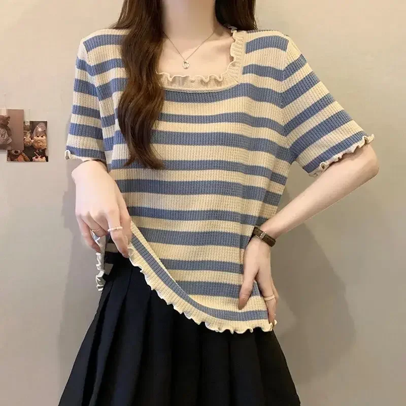 Nice Women Clothes Summer Korean Fashion Striped Contrasting Colors Square Collar Short Sleeve Femme Simplicity All-match Cardig
