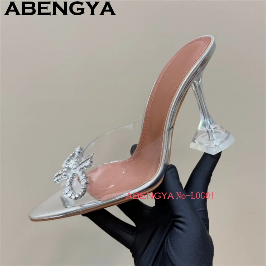 

Transparent PVC Pointy Toe Goblet High Heels Slippers Crystal Bow Decoration Sexy Clear Mules Shoes Summer Dress Shoes Woman