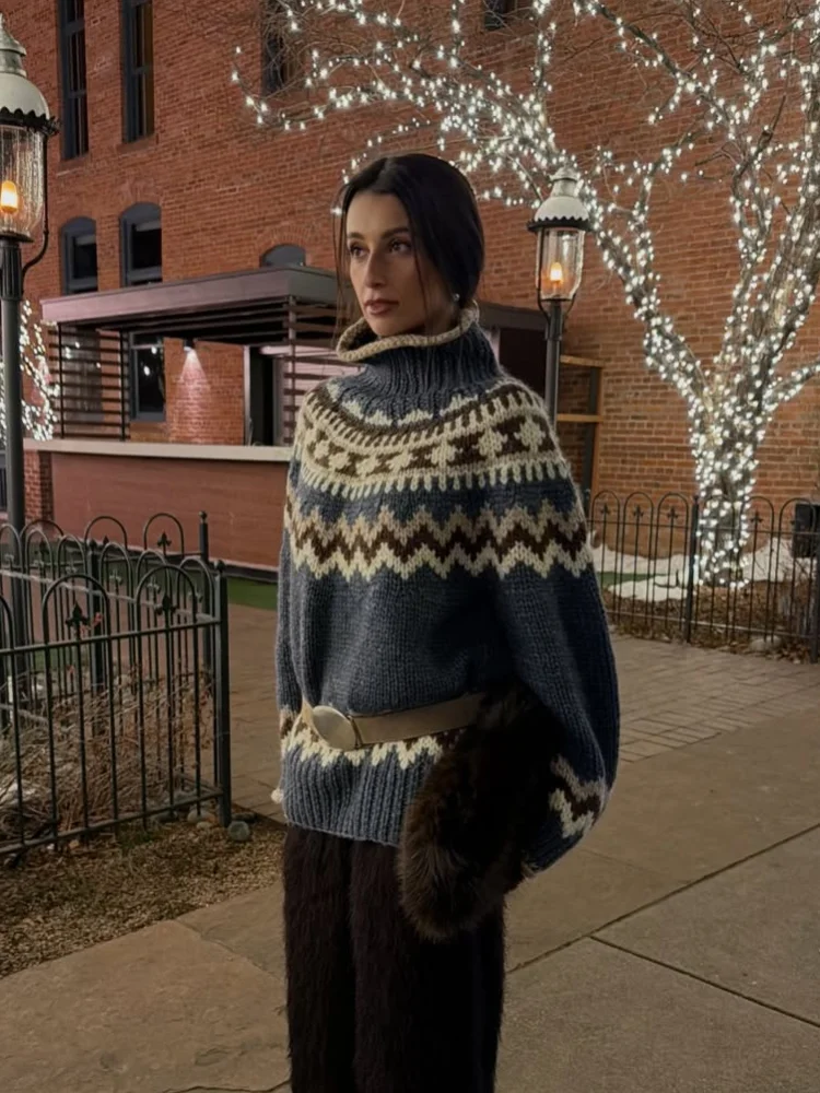 

Шикарная водолазка Fair Isle свитер женский повседневный контрастный массивный вязаный женский пуловер с длинными рукавами 2026 весенний универсальный женский топ