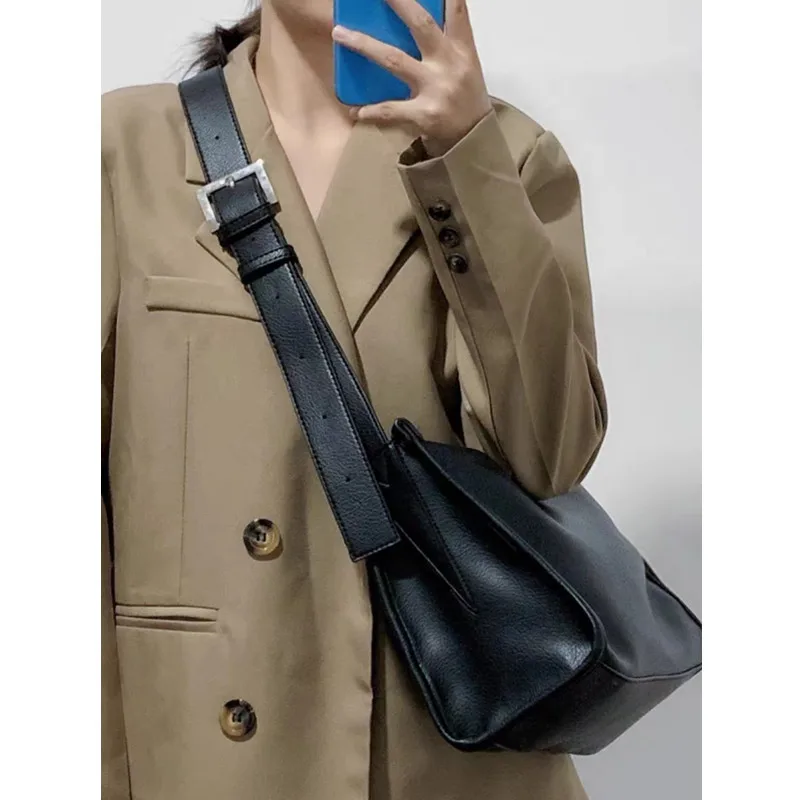 Fashion Women Shoulder Bag PU Leather Wide Strap Crossbody Bags Female High Capacity Shoulder Handbag Solid Purse Bags for Women