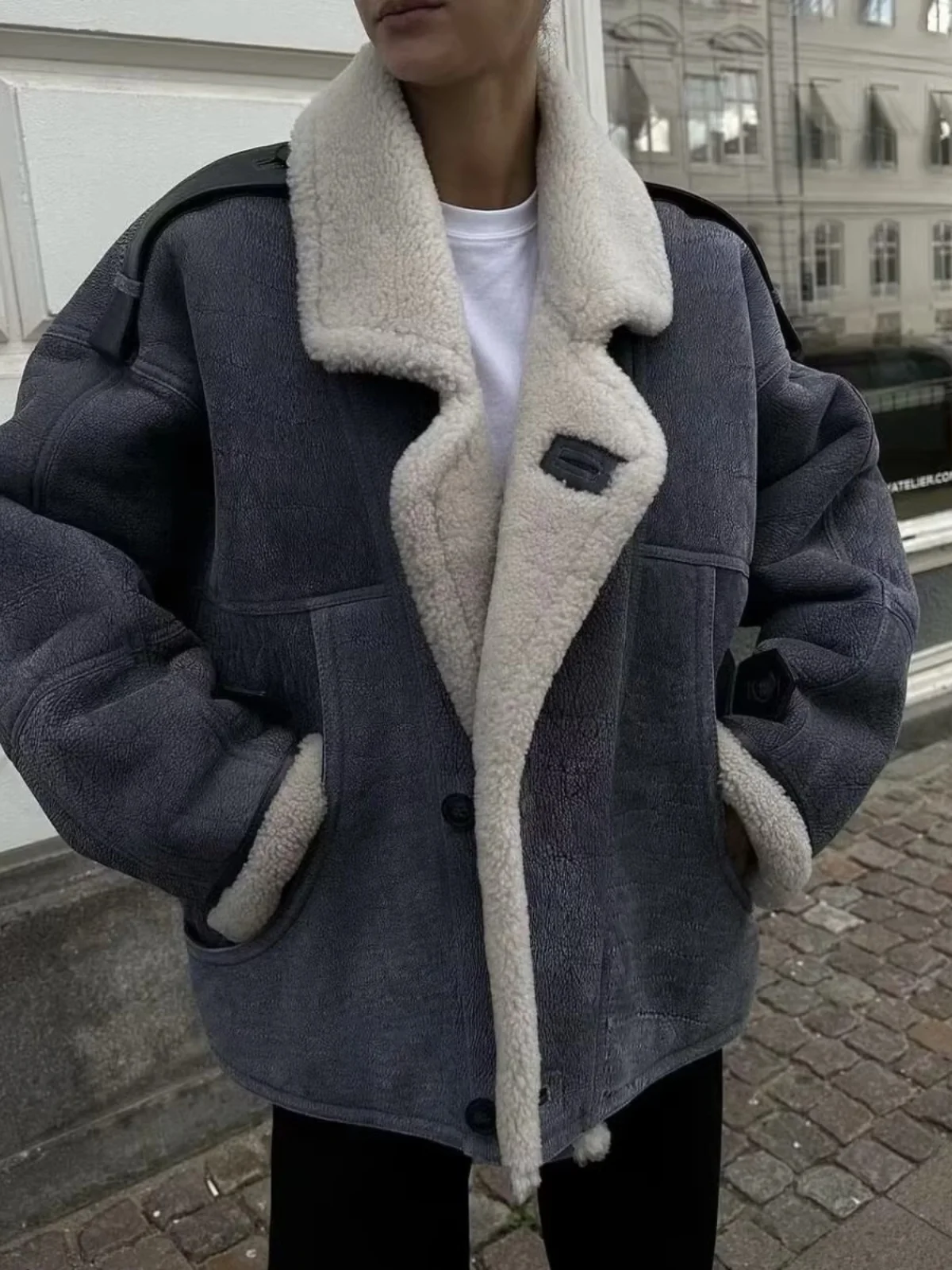 American Retro Street Sle Suede Jaet Loose Lamb Fur Lined Thi Warm Collar Biker Coat Outerwear Women's Winter Faion