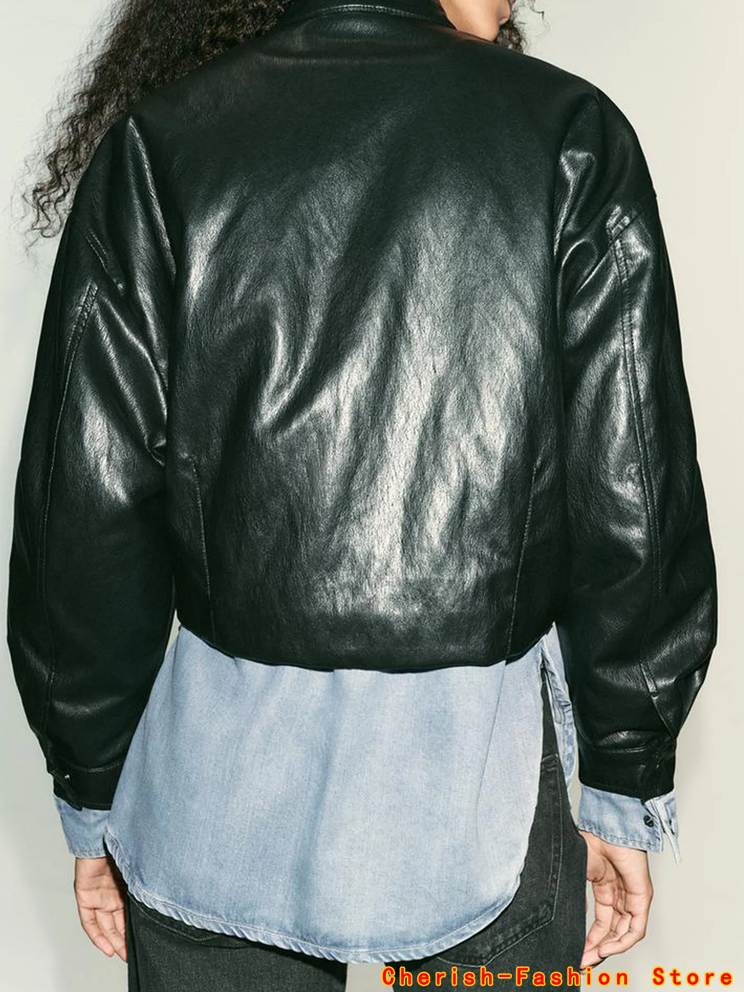 Veste en cuir noir femmes col montant bouton en cuir PU vêtements d'extérieur amples automne Chic rue trajet dame hauts Bomber veste