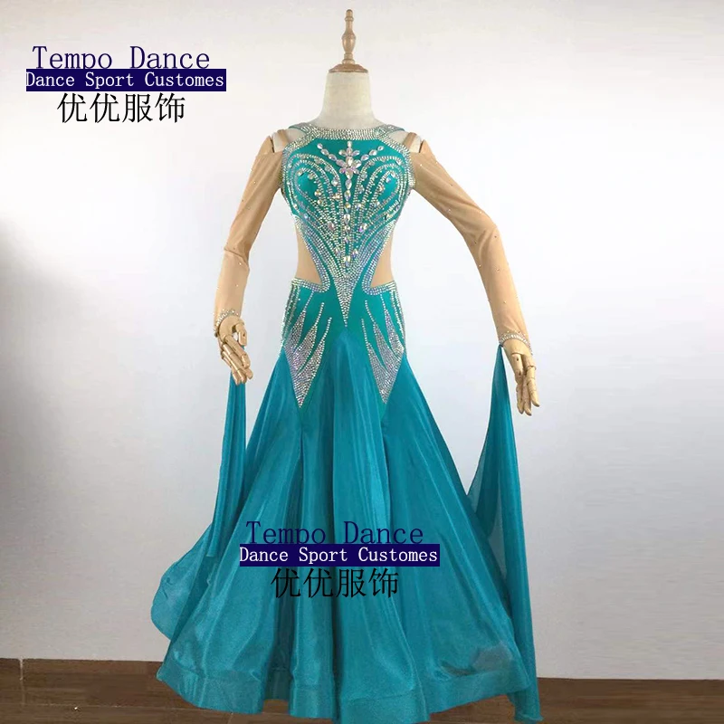 Ballroom Waltz Dress for Women Ballroom Dance Clothing  Bule Long Sleeves Clothes High-End Custom Waltz Competition Dresses