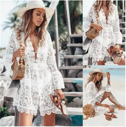 Vestido playero de encaje para mujer, traje de baño Sexy de ganchillo, Floral, blanco y negro, Tops de verano