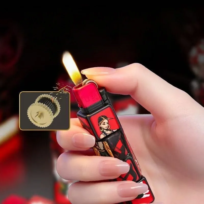 Graffiti Character Print Gas Lighter Windproof Grinding Wheel Reusable Inflatable Fashion Street Collectible Gadget
