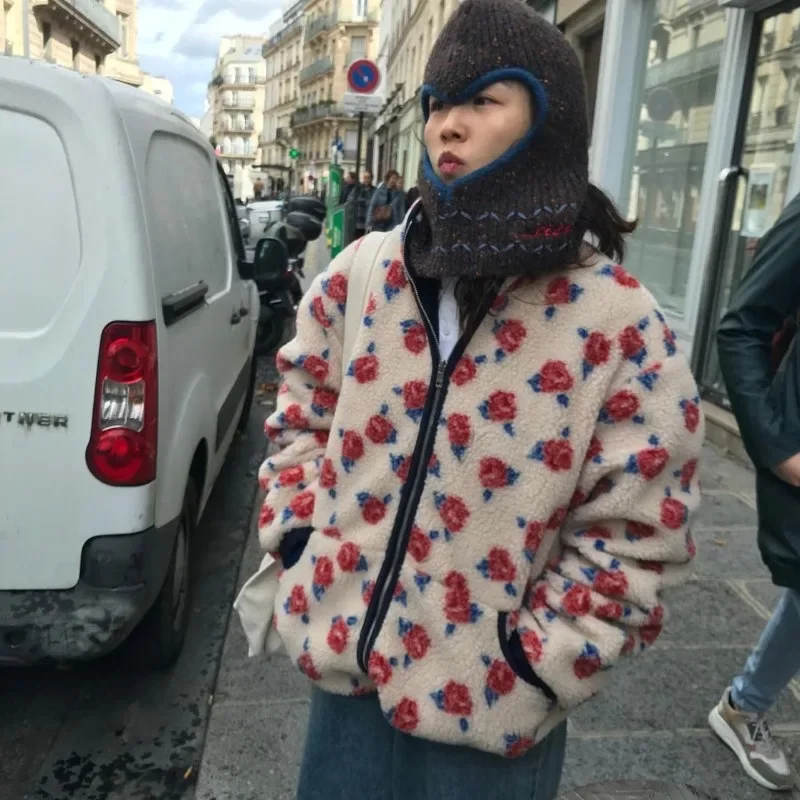 

Korean Thickened Stand Collar Zipper Fleece Jacket Vintage Rose Pattern Spliced Pockets Loose Women Cotton Coat Winter Outerwear