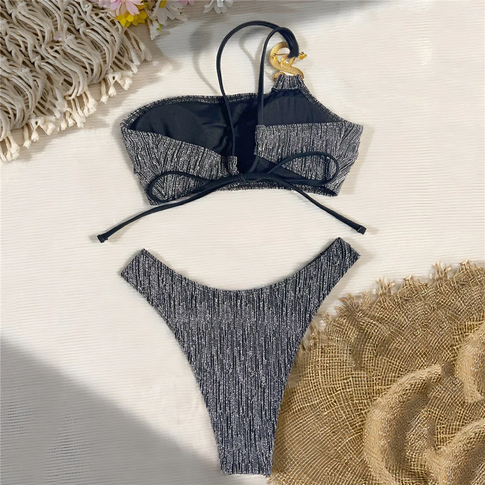 Schwarz Glänzend Eine Schulter Sexy Bikinis Sets Metall Schlange Bademode Micro Tanga Badeanzug Frau 2025, Badeanzug Bikinis De Mujer