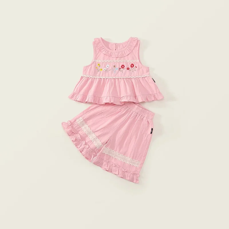 

Girls' Summer Pure Cotton Embroidered Set: Sweet Lace Sleeveless Doll Shirt and Cropped Pants Two-Piece Outfit for Children