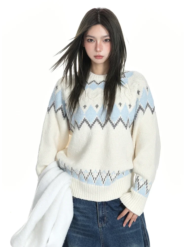 

Zoki Vintage Print Cute Sweaters Women O Neck Long Sleeve Sweet Knitted Pullover Fall Korean Loose Lady Preppy Style Pullovers